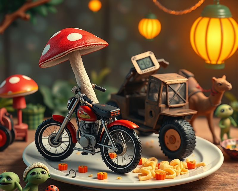 potato chip, mushroom, panther, ladybug, puppet, motorcycle, plate, jeep, camel, dog, unicycle, alien, pasta, lantern, parakeet